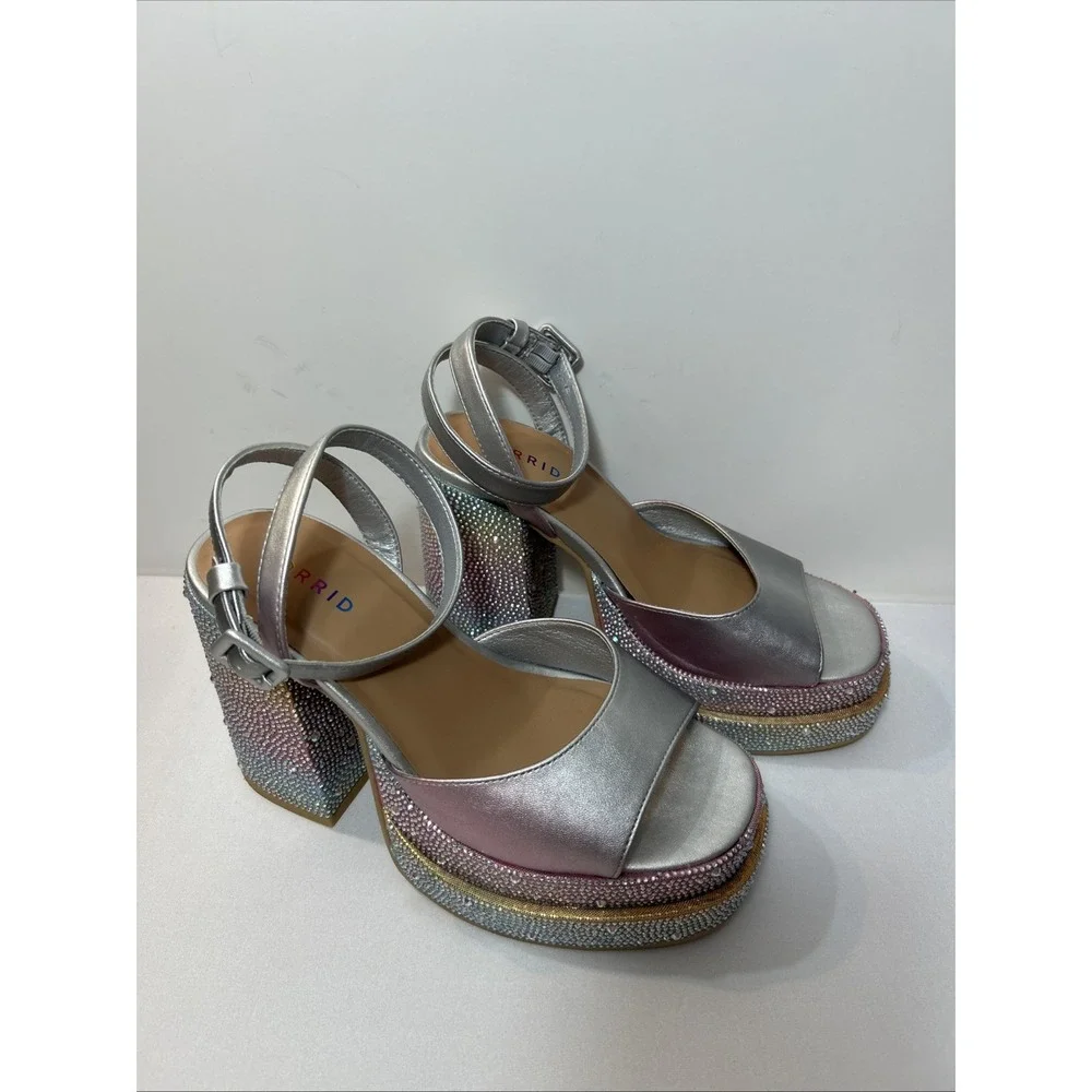 Torrid Rainbow Double Platform Heel Sandal 9 Pride Pastel Rhinestone Holographic